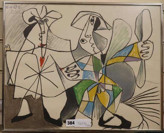 After Pablo Picasso, Two figures, coloured lithograph signed in the print and dated 15.12.69,